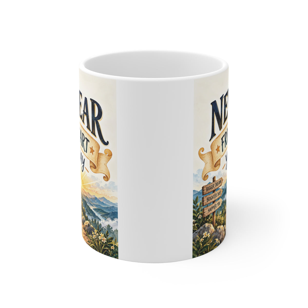 Inspirational New Year mug featuring Fresh Start Your Way quote, scenic sunrise and mountain pathway artwork for new beginnings.