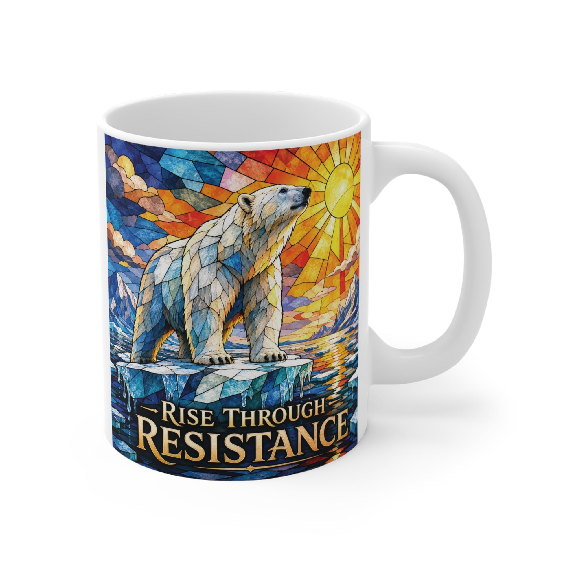 Inspirational Rise Through Resistance polar bear stained glass ceramic coffee mug.