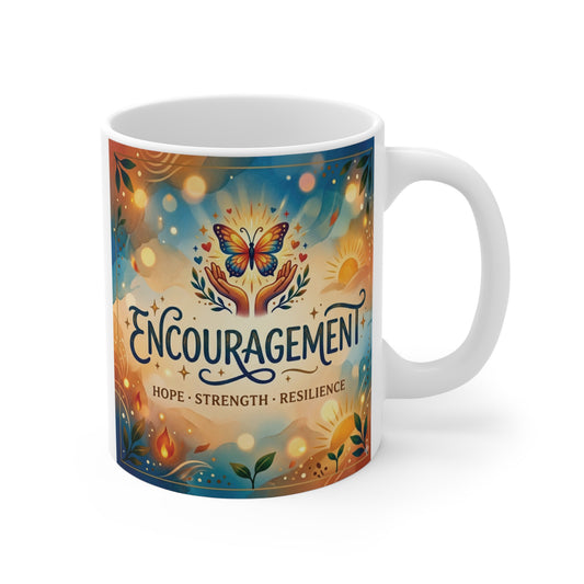 11oz inspirational encouragement mug with colorful butterfly design and words hope strength resilience on ceramic coffee cup