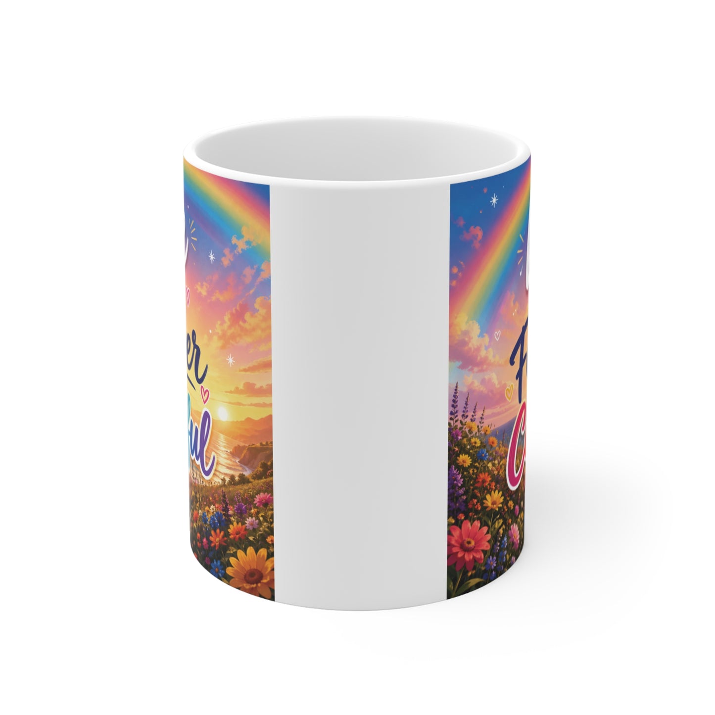 Bright floral coffee mug design with sunset sky and rainbow artwork displaying motivational phrase “Life is Forever Colorful.