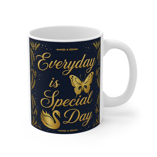 Elegant navy blue mug with gold cursive text “Everyday is Special Day” featuring butterfly and swan design