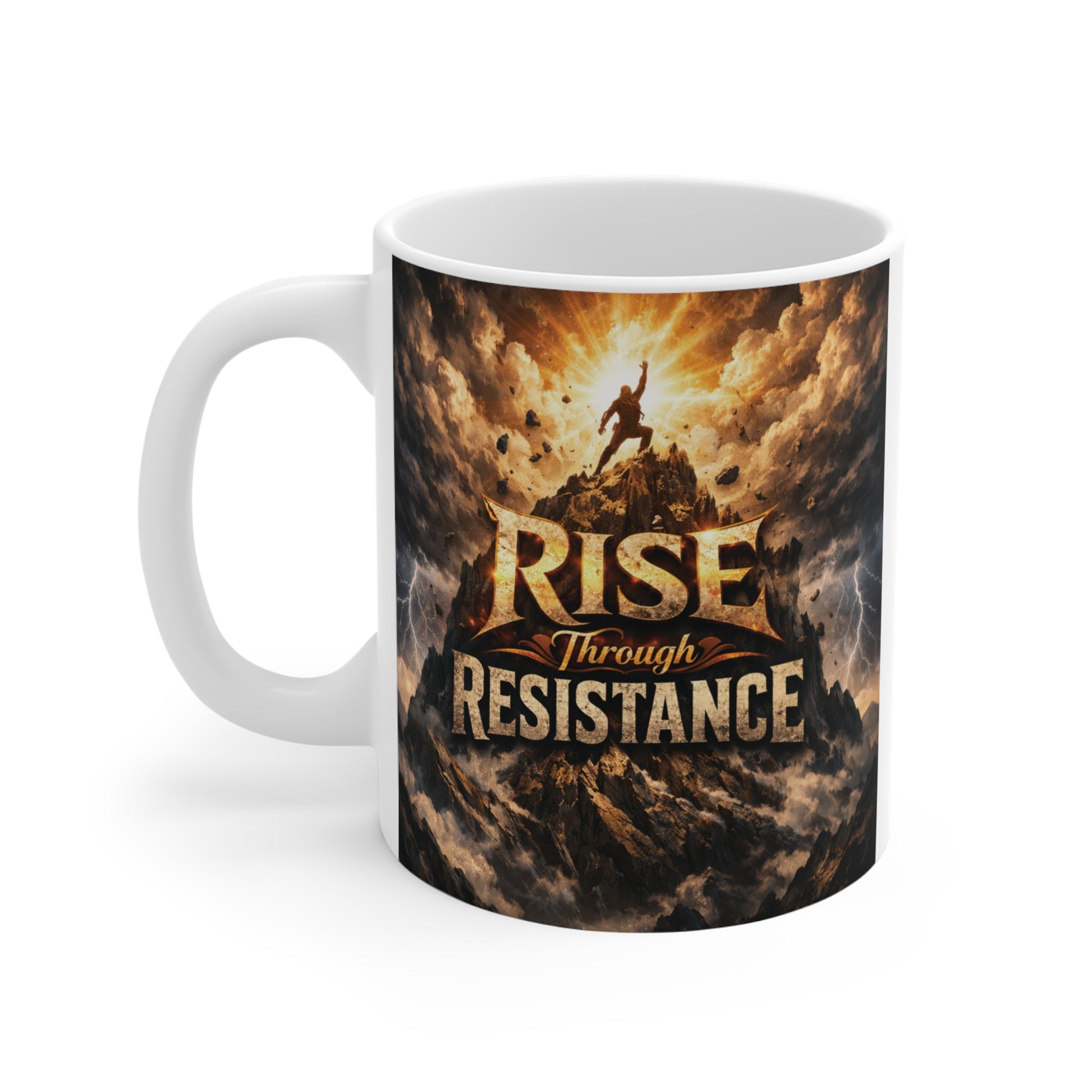 Motivational ceramic mug with Rise Through Resistance quote for coffee and tea lovers