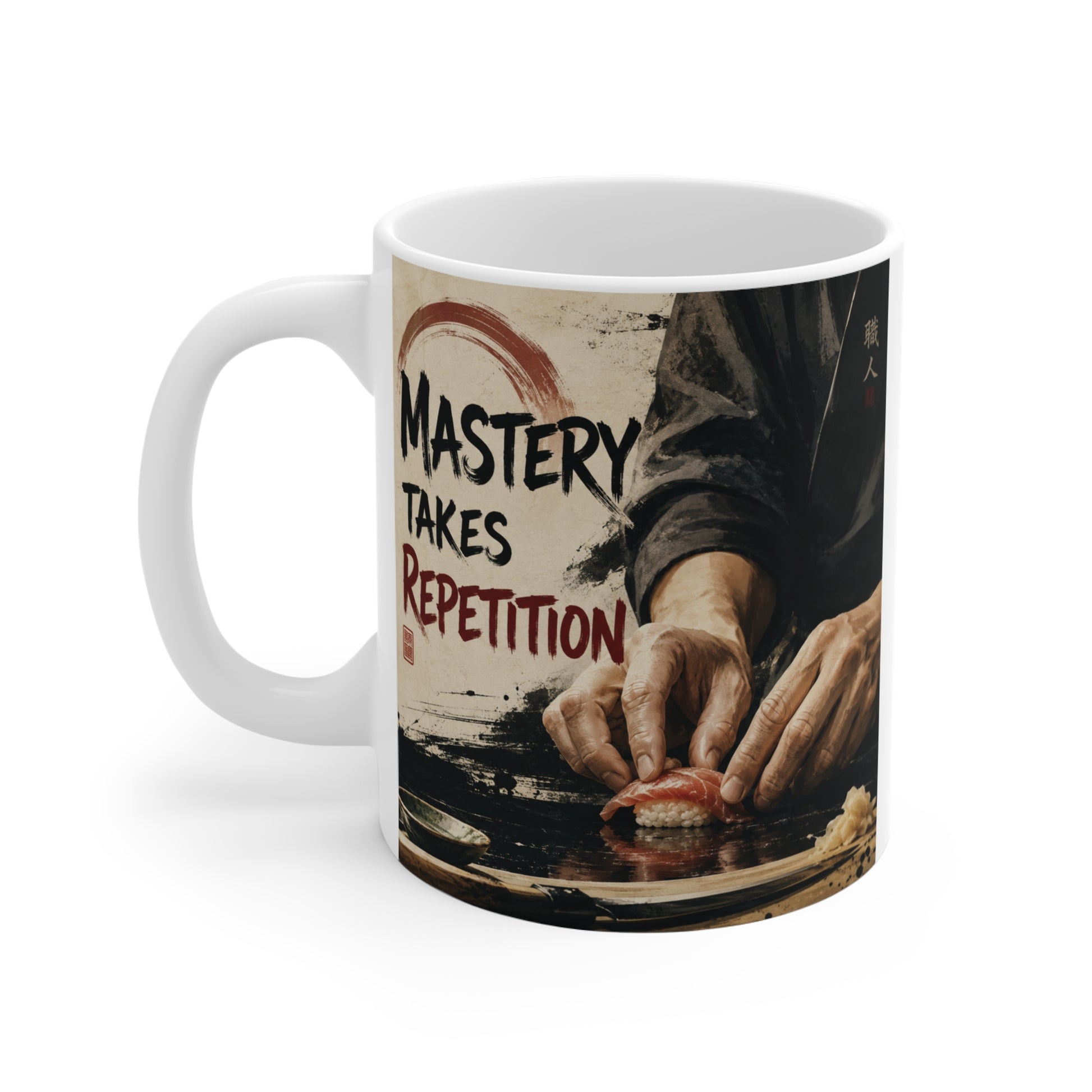 Japanese culinary-themed ceramic mug designed for sushi chefs, cooks, and food enthusiasts.