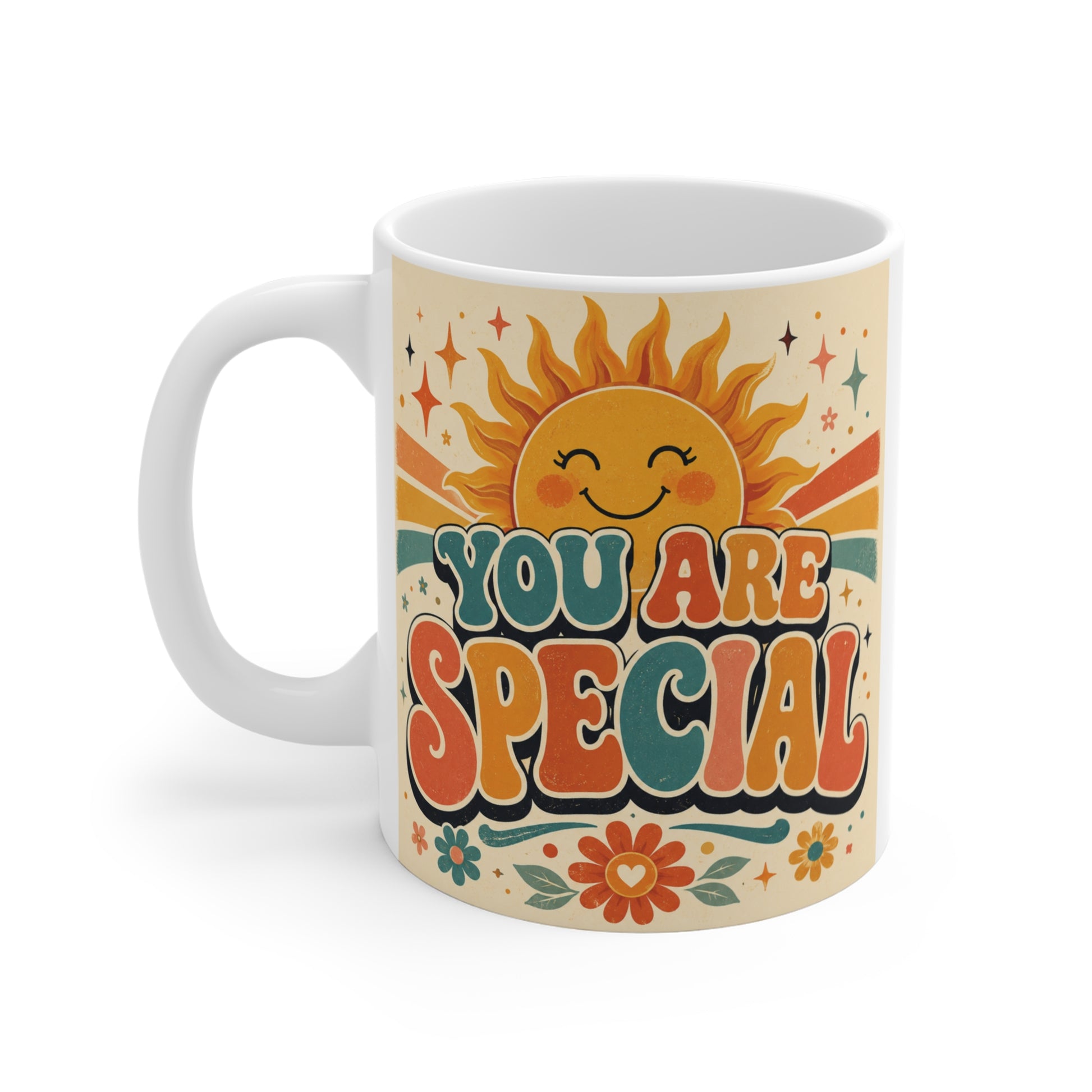 Cute  inspirational mug with a happy smiling sun, bold "You Are Special" lettering, colorful flowers, and vintage 1970s style, perfect for positive daily motivation.