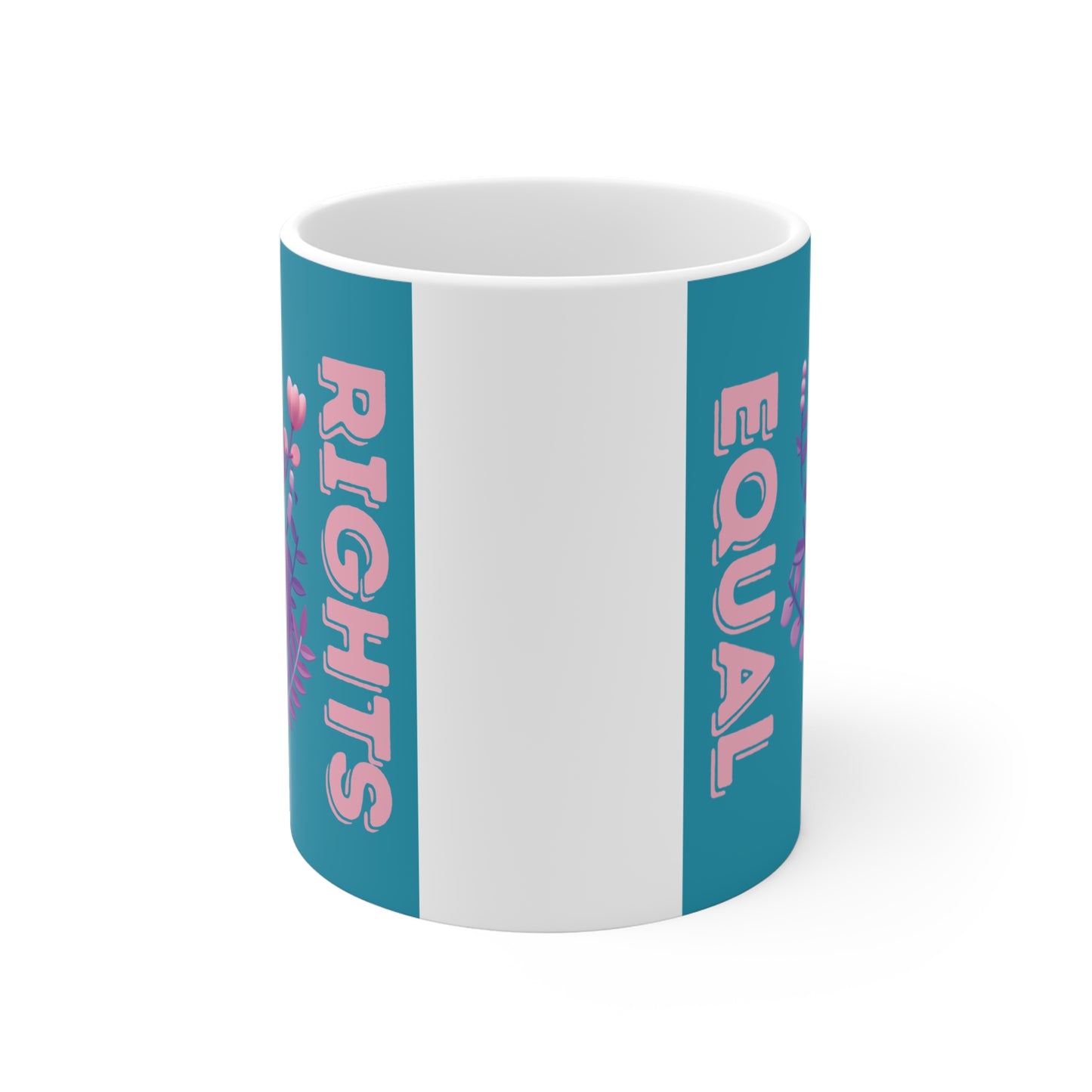 International Women’s Day mug with purple female symbol, floral design, and ‘Equal Rights’ message on teal background