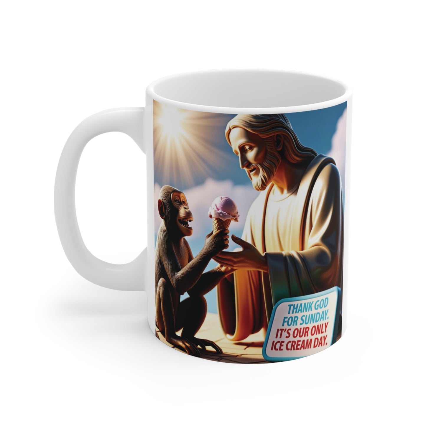 Funny Jesus mug with monkey sharing ice cream, ‘Thank God for Sunday it’s our only ice cream day’ humorous design