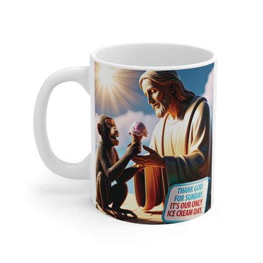 Funny Jesus mug with monkey sharing ice cream, ‘Thank God for Sunday it’s our only ice cream day’ humorous design