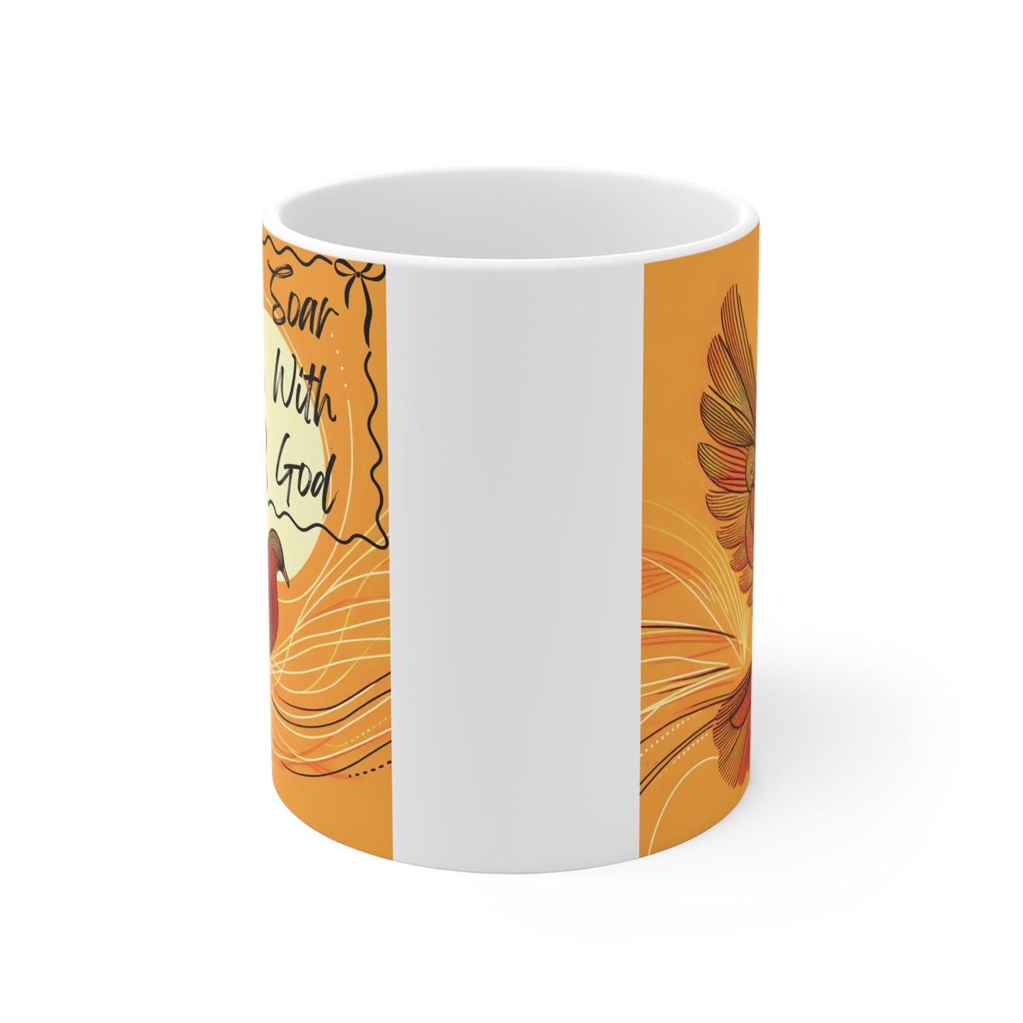 Faith-based coffee mug featuring abstract flying bird, sun design, and motivational “Soar With God” message