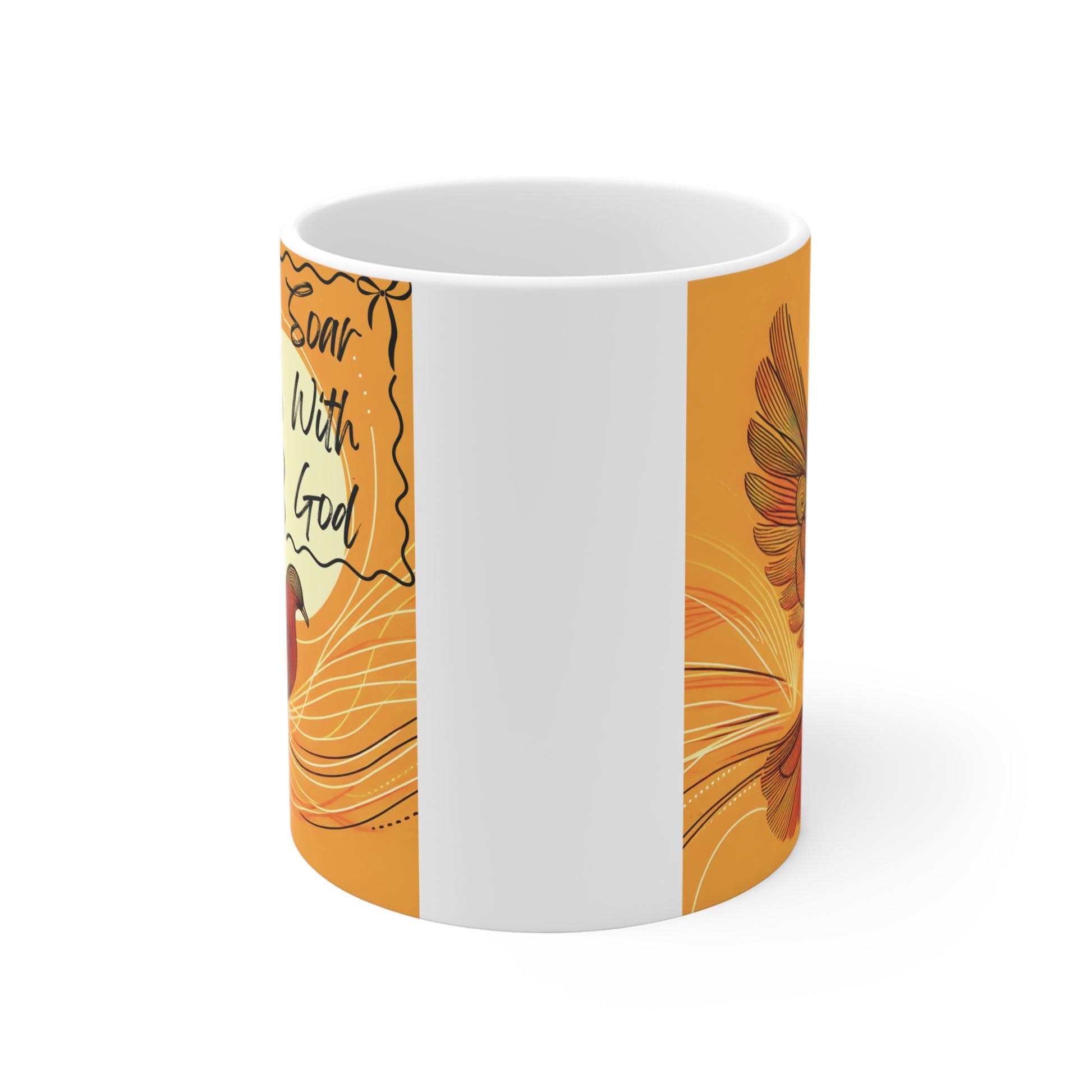 Faith-based coffee mug featuring abstract flying bird, sun design, and motivational “Soar With God” message