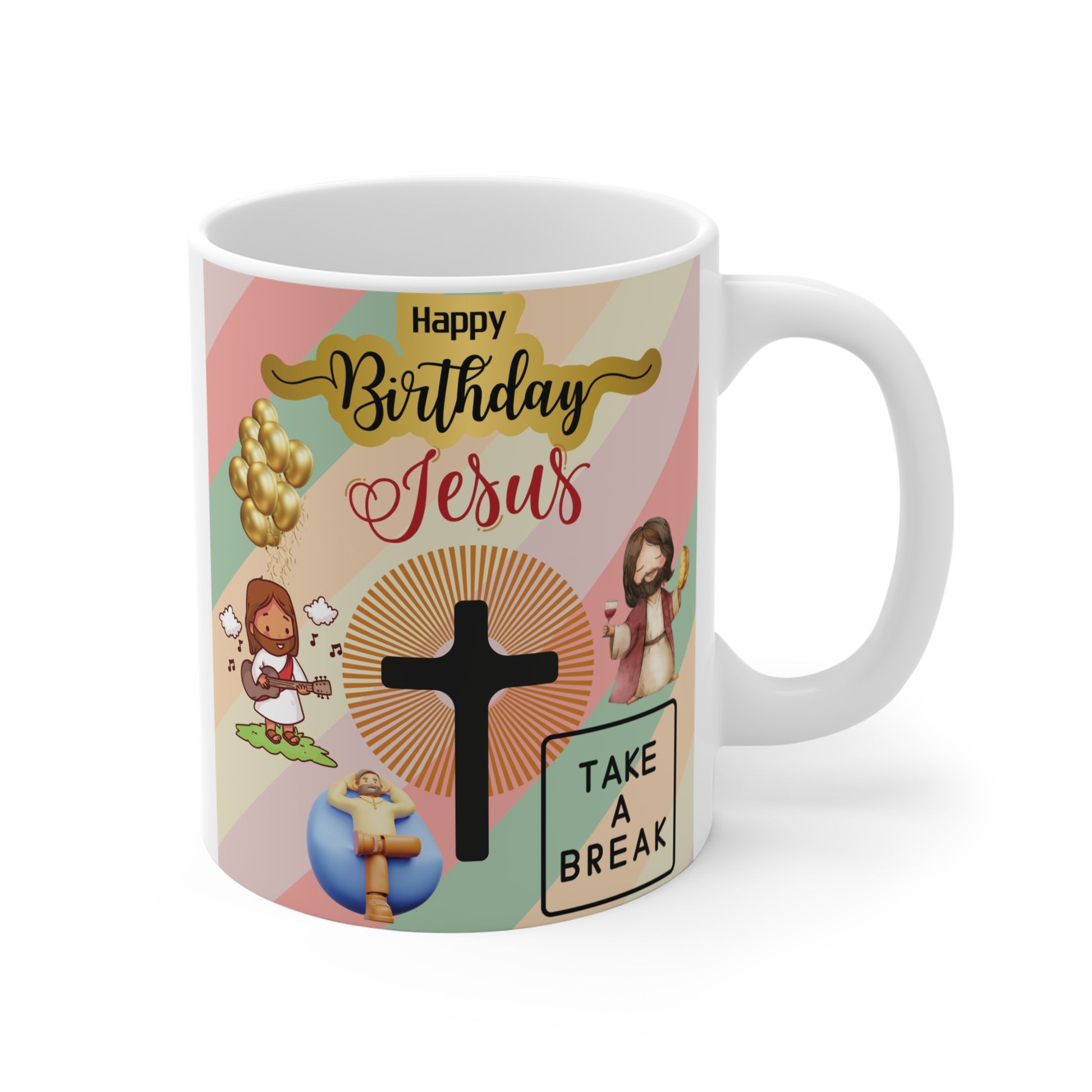 Christmas coffee mug showing festive artwork with Jesus playing guitar, holding a drink, and lying on a globe, alongside inspirational and playful text.