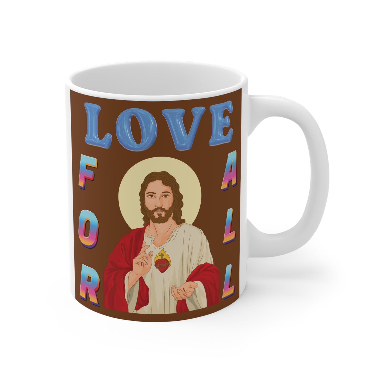 Love for all mug featuring Jesus Christ illustration, Christian faith coffee mug with inspirational message