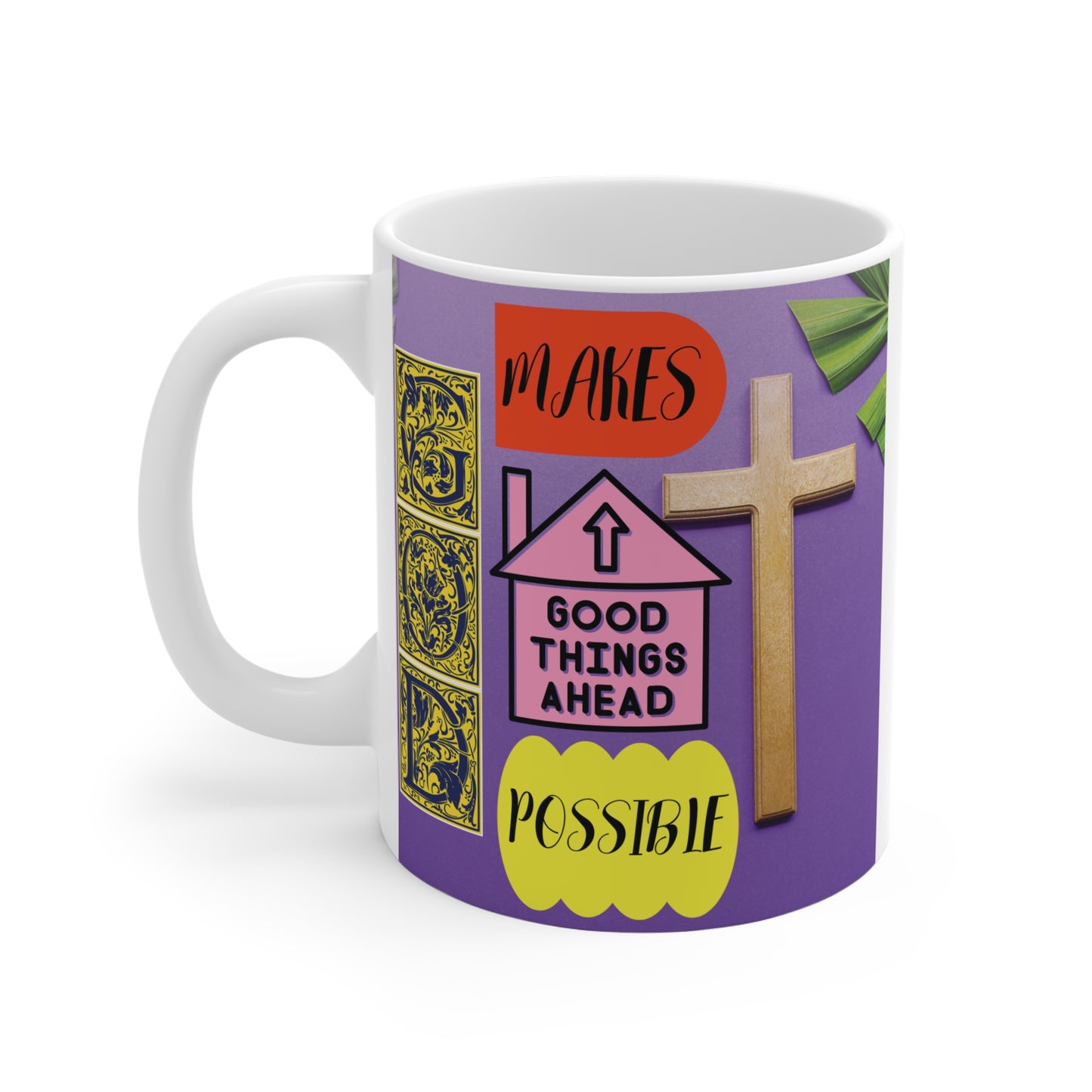 Faith inspirational mug with cross and quote “God makes all things possible,” Christian coffee cup gift