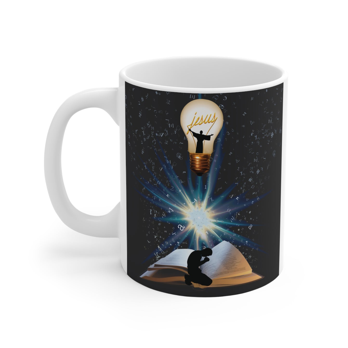 Christian Jesus light bulb mug with Bible and praying figure, inspirational faith coffee mug
