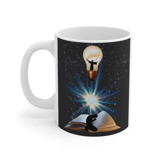 Christian Jesus light bulb mug with Bible and praying figure, inspirational faith coffee mug