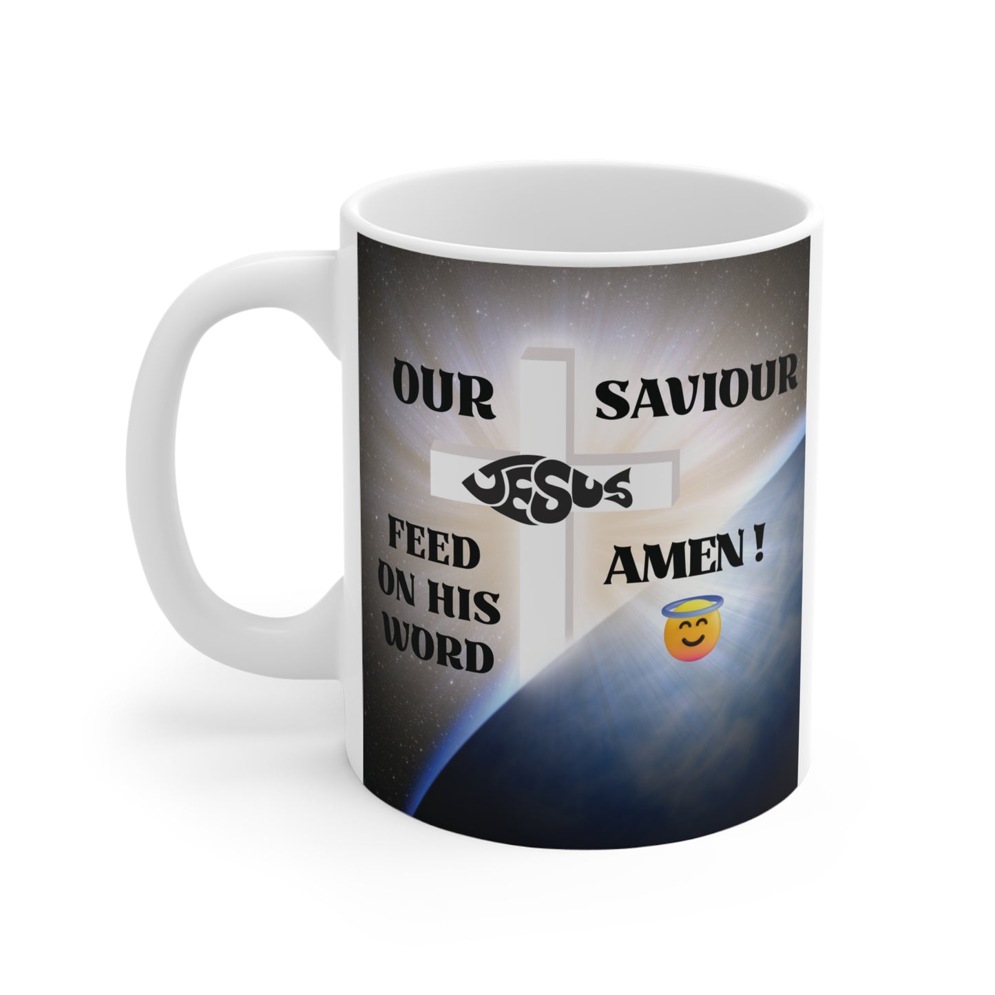 Christian Jesus cross mug with “Our Saviour Amen” text, inspirational faith coffee mug design