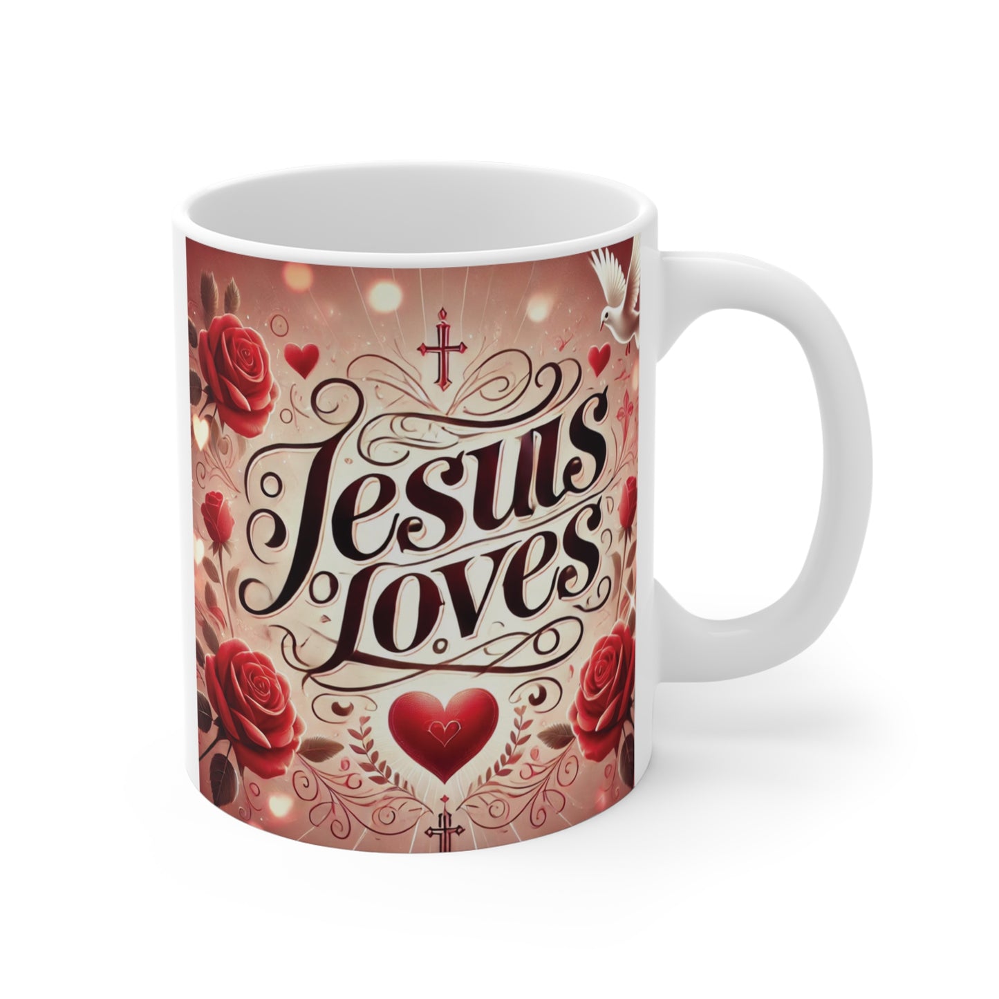 Jesus loves mug with roses, cross and heart design, Christian inspirational coffee mug