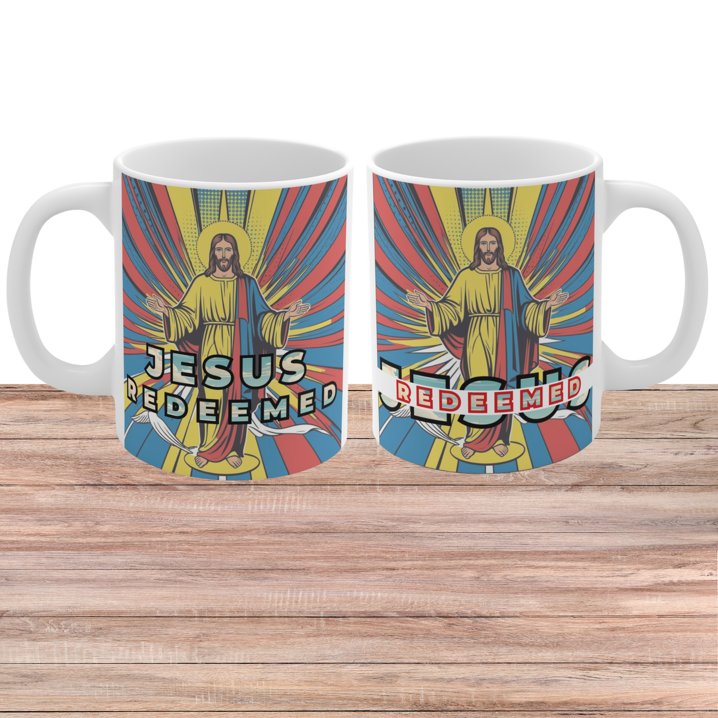 Jesus redeemed mug with colorful rays and vintage style illustration, Christian faith coffee mug