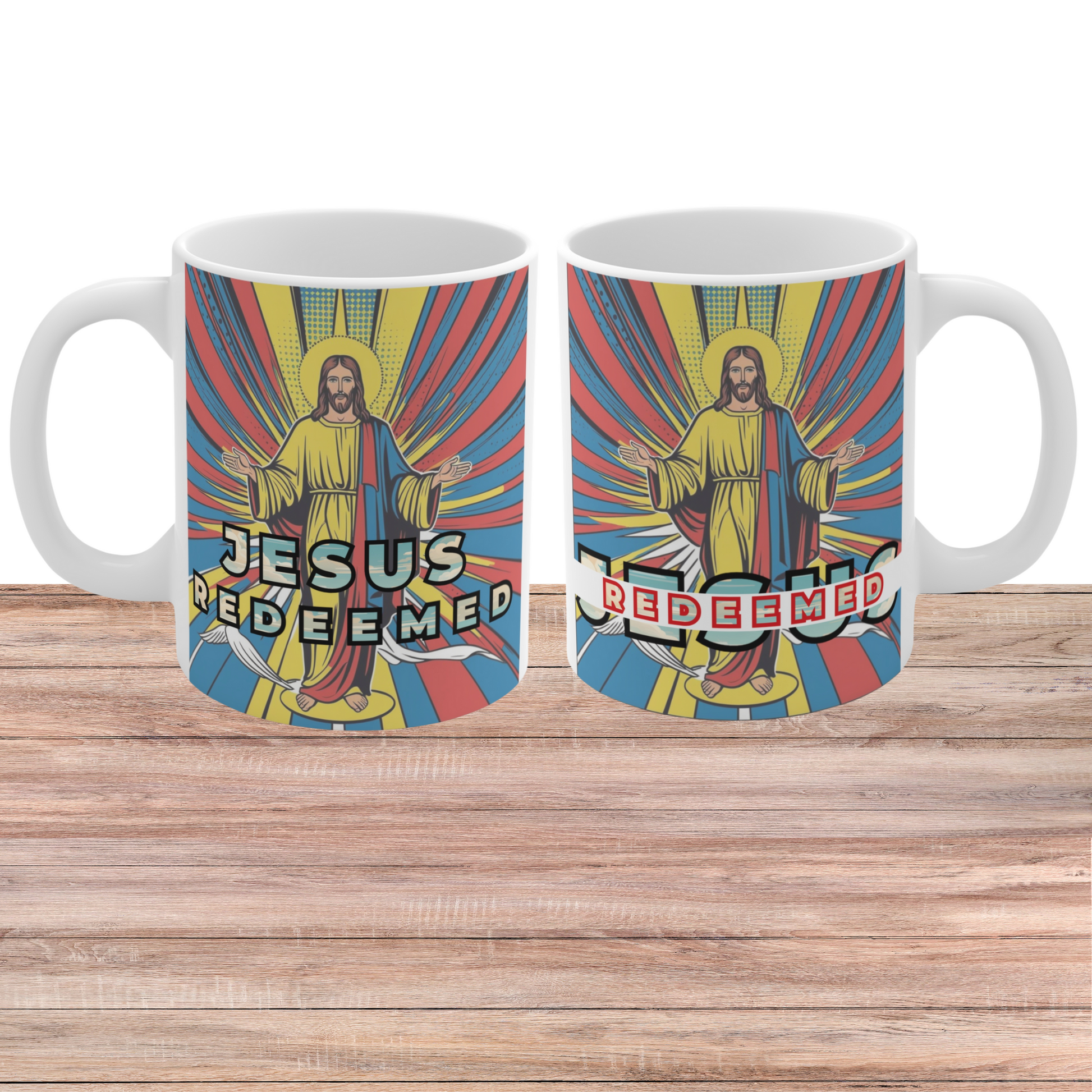Jesus redeemed mug with colorful rays and vintage style illustration, Christian faith coffee mug