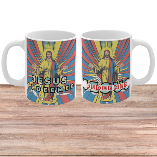 Jesus redeemed mug with colorful rays and vintage style illustration, Christian faith coffee mug