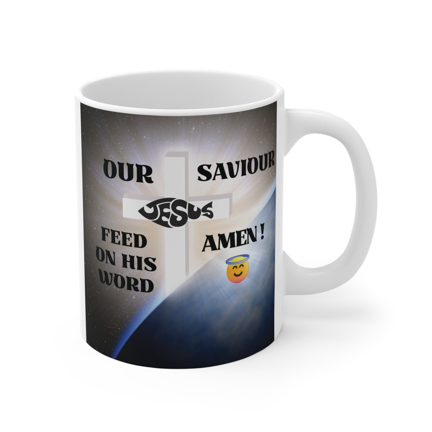 Religious coffee mug featuring cross, Jesus symbol and “Feed on His Word” message, spiritual gift idea