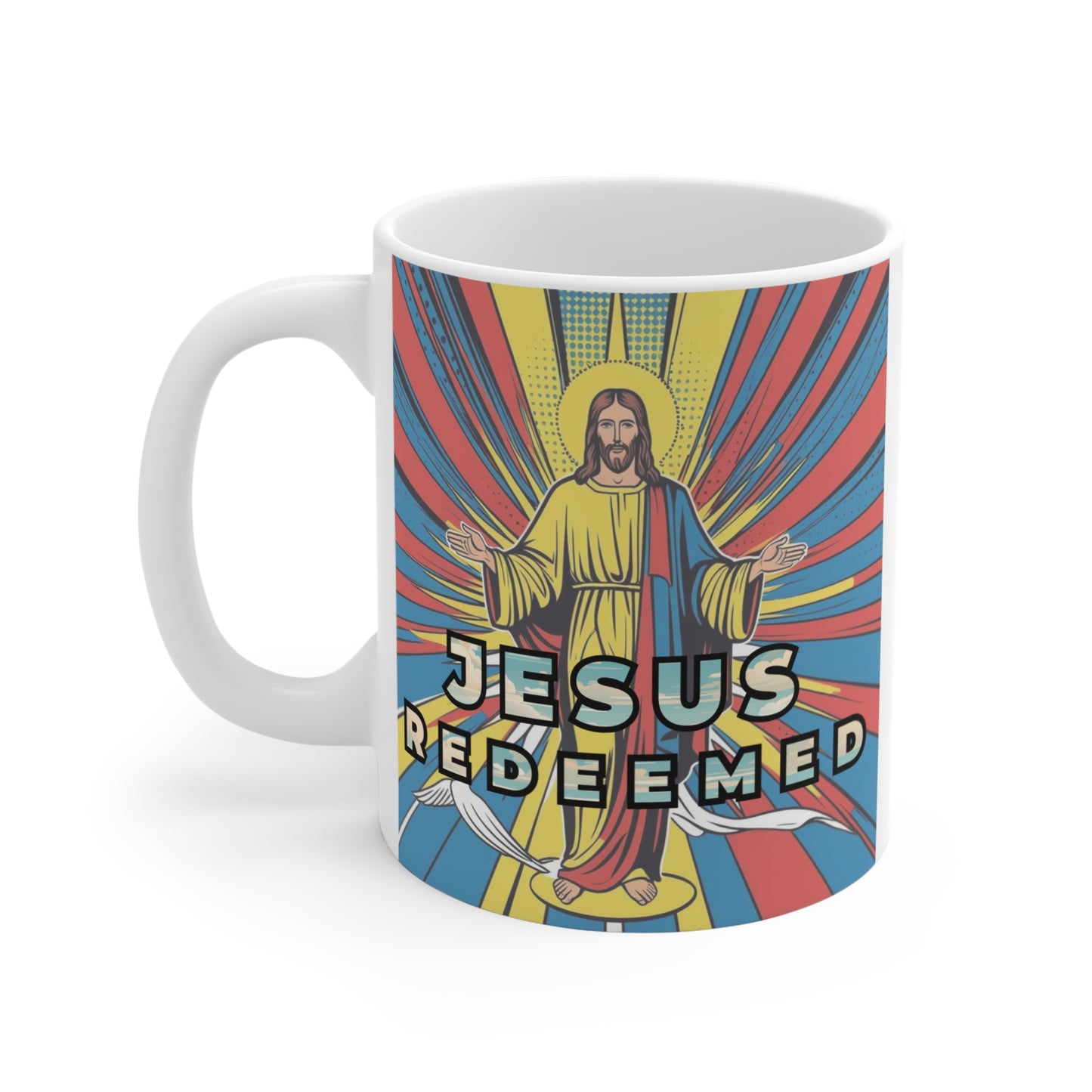 Religious coffee mug featuring Jesus with “Redeemed” text and vibrant retro design, inspirational gift