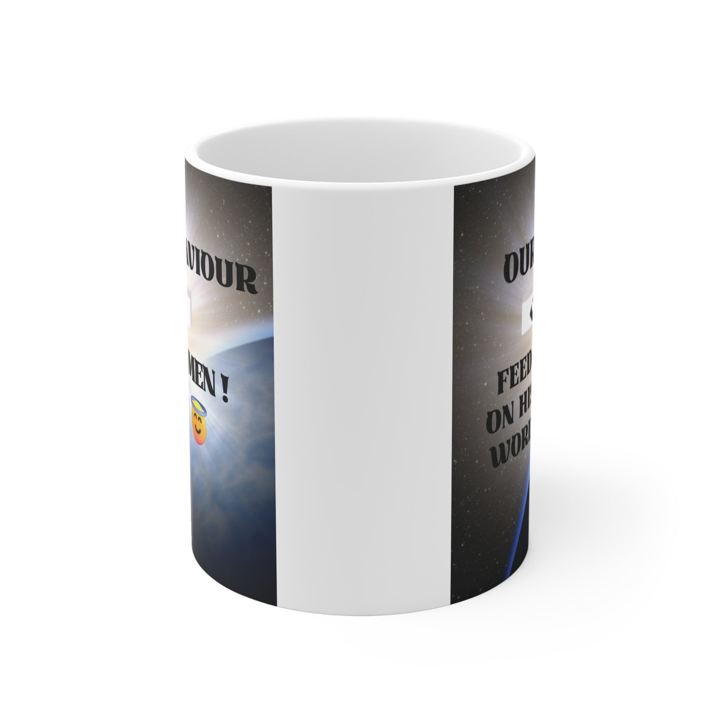 Faith-based mug with glowing cross, Christian quote and Amen text, perfect gift for believers