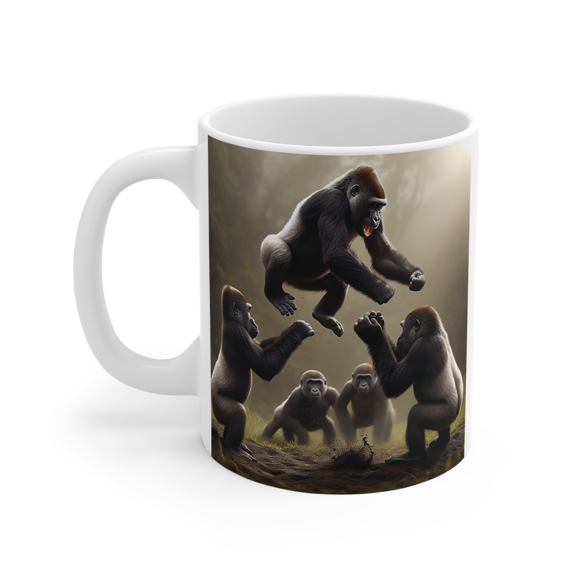 Unique gorilla mug design with energetic primates in motion, combining cinematic jungle art and premium ceramic coffee cup style for everyday use.