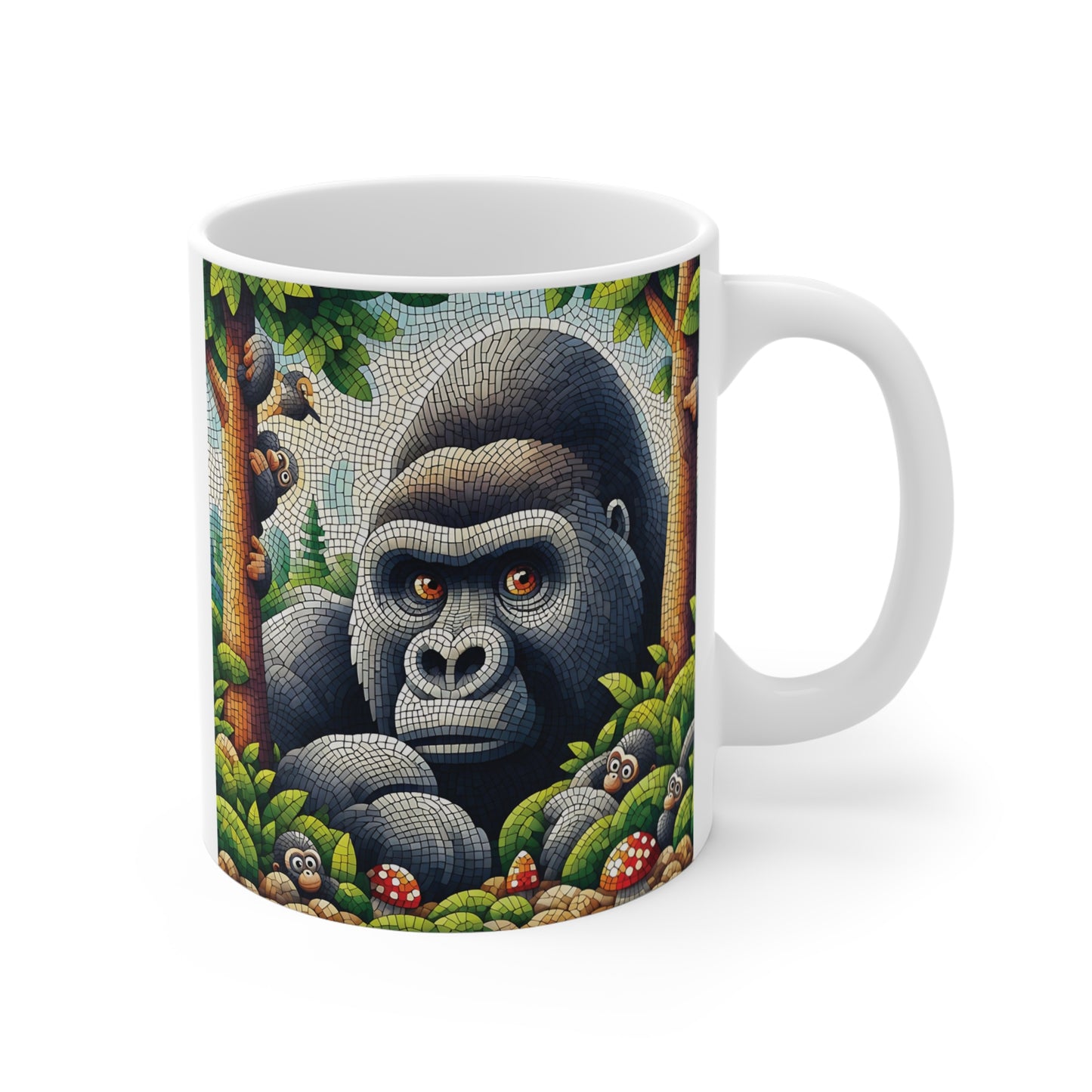 Mosaic gorilla coffee mug featuring a majestic silverback gorilla surrounded by jungle leaves and playful monkeys in colorful stained glass style artwork.
