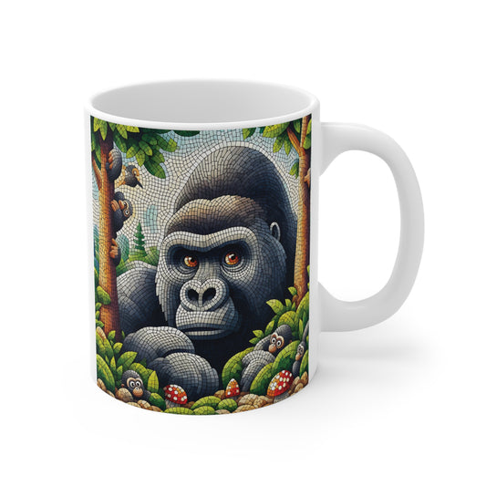 Mosaic gorilla coffee mug featuring a majestic silverback gorilla surrounded by jungle leaves and playful monkeys in colorful stained glass style artwork.