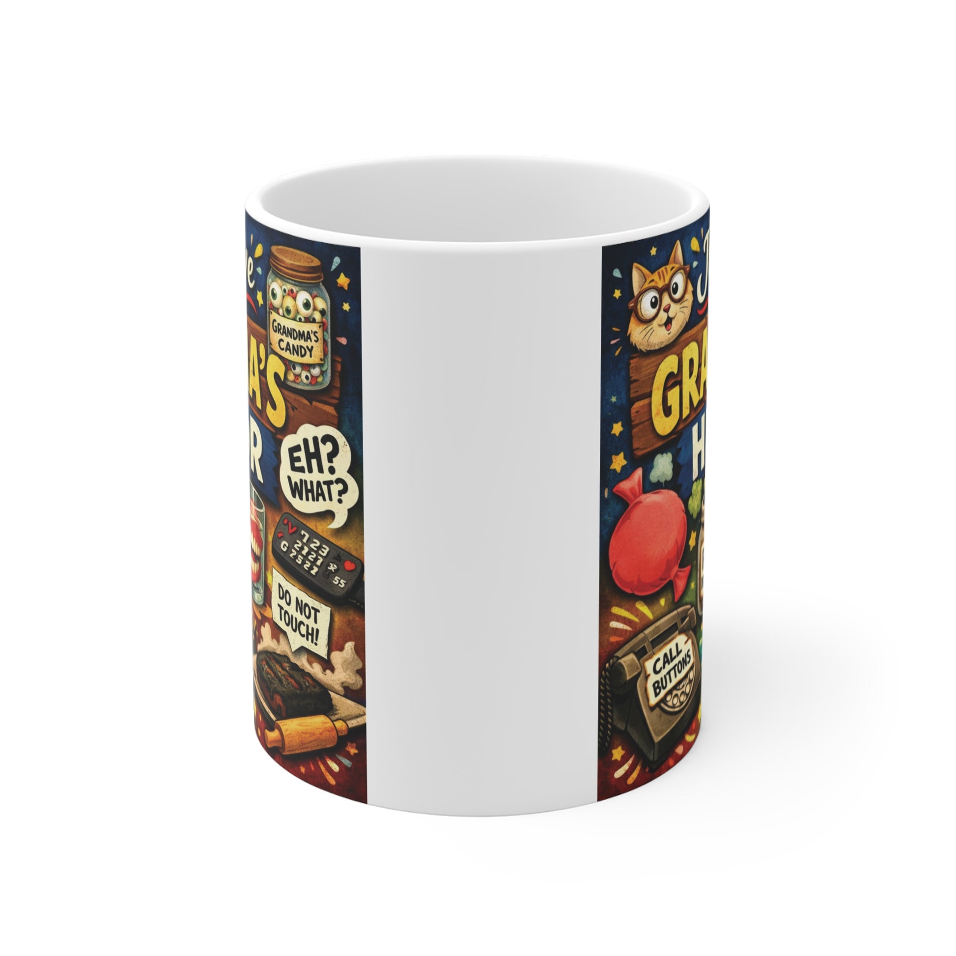 Retro-style "Just Love Grandma's Humor" coffee mug featuring colorful vintage-inspired funny grandma graphics and playful sayings, ideal birthday or Mother's Day gift.