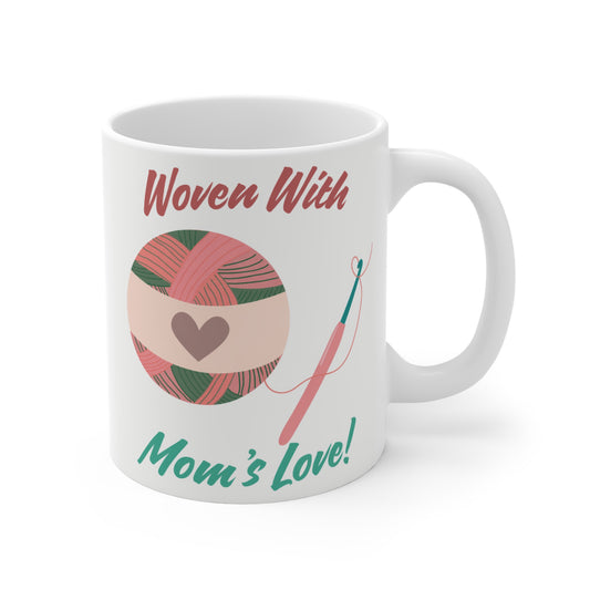 Woven With Mom’s Love 11oz mug with yarn ball and knitting needle design, gift for mom and crochet lovers