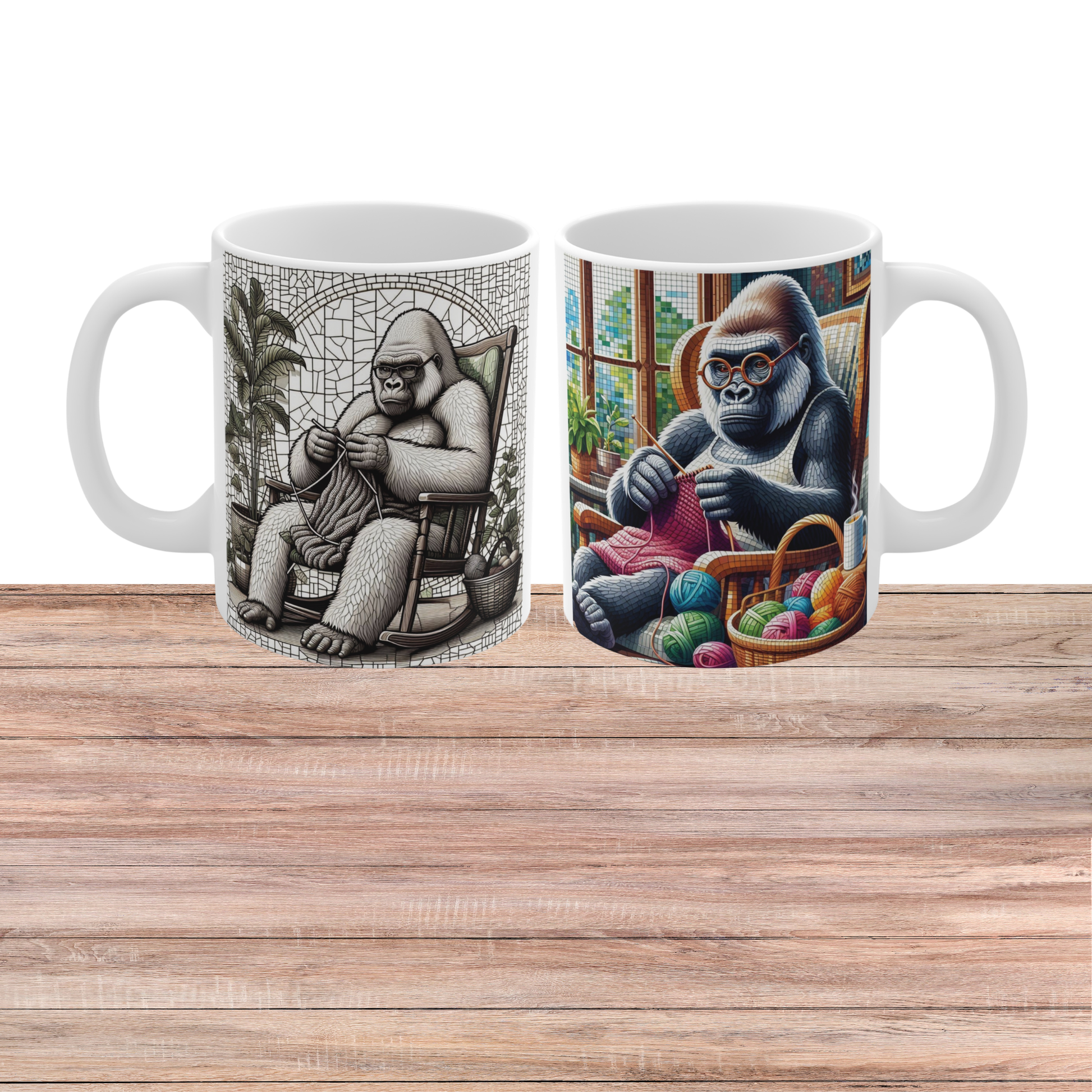Funny gorilla knitting on an 11oz ceramic coffee mug with cozy crochet and yarn artwork.