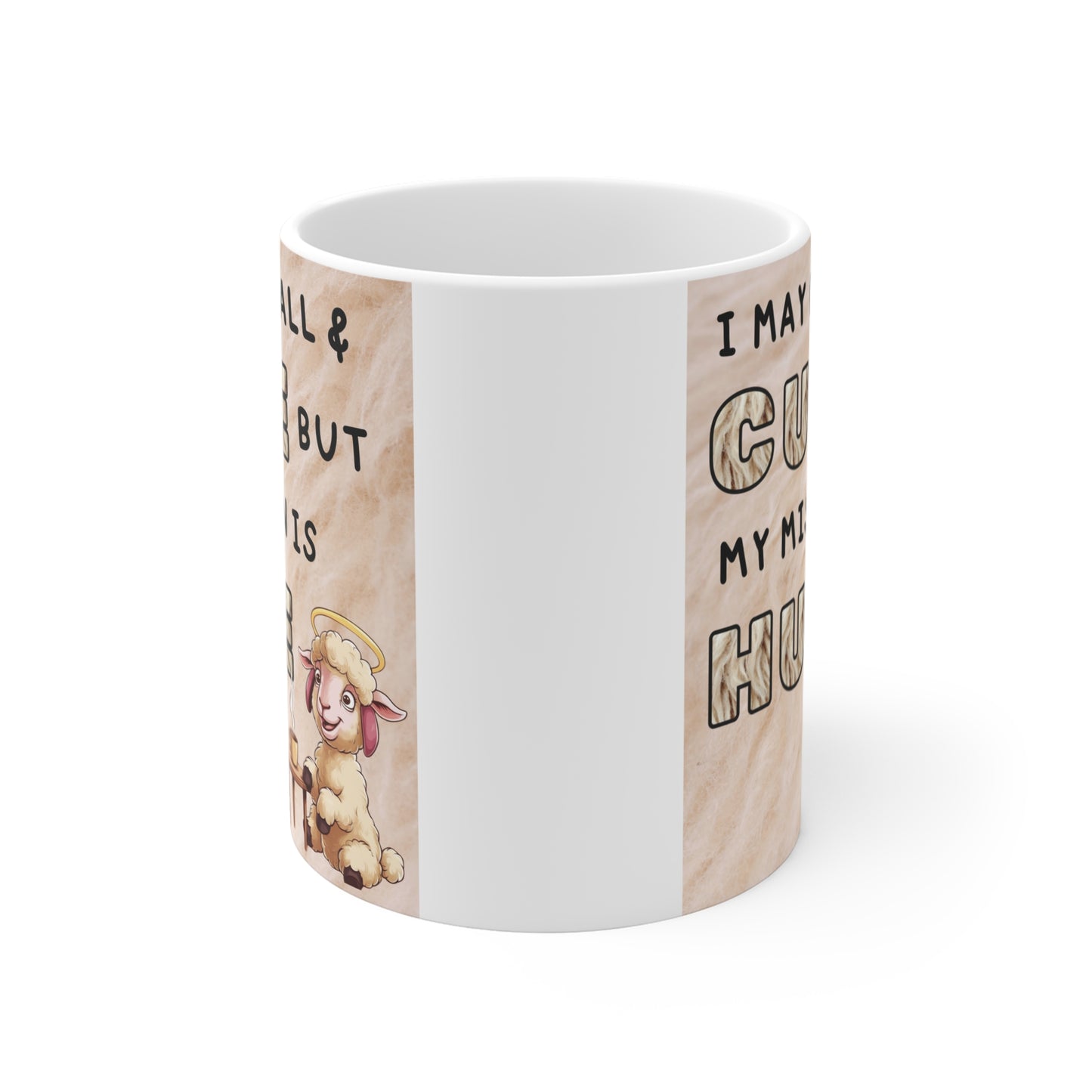 Inspirational cute sheep mug with humorous quote and coffee illustration, adorable gift idea