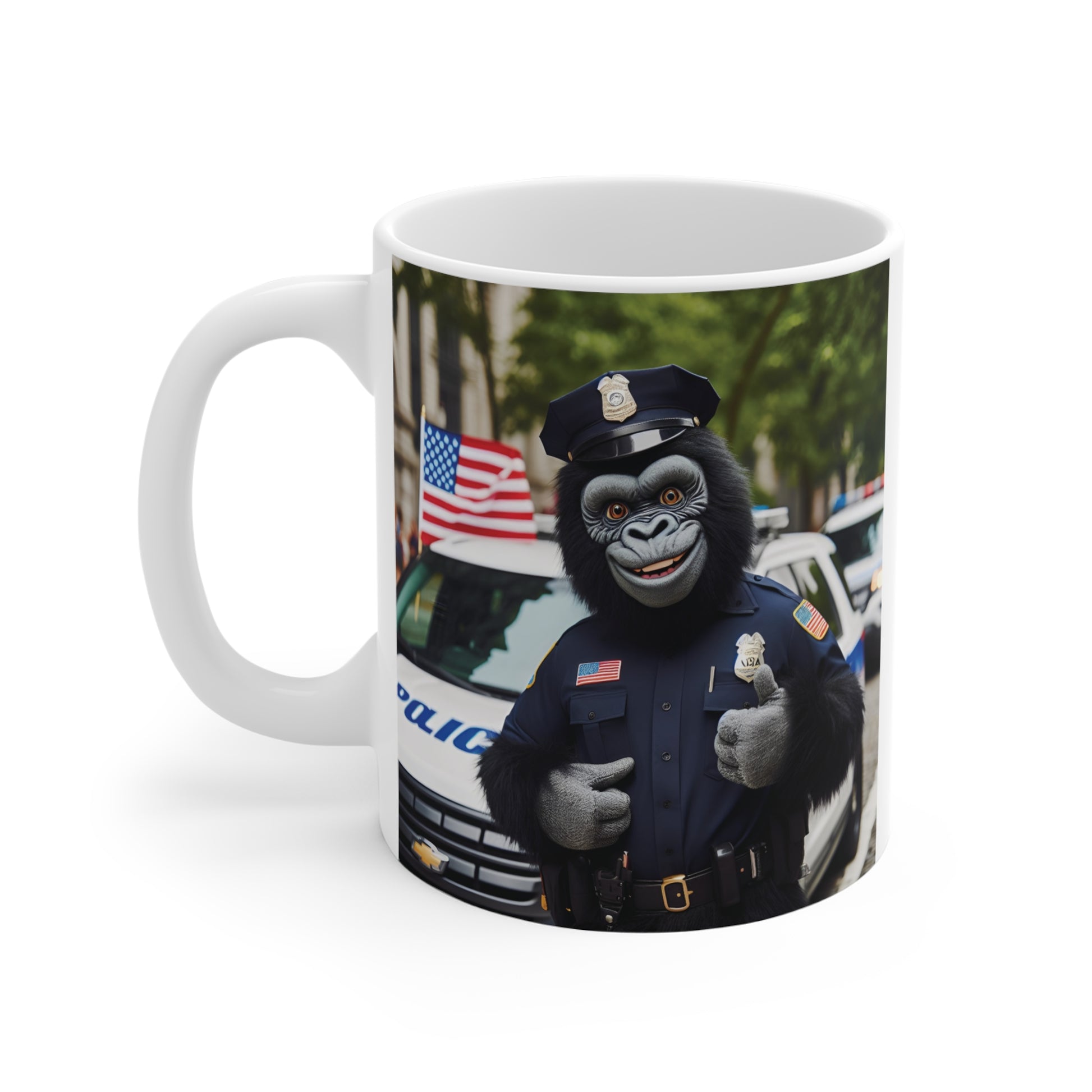 Patriotic police officer gorilla coffee mug with law enforcement theme, police car background, and USA flag.