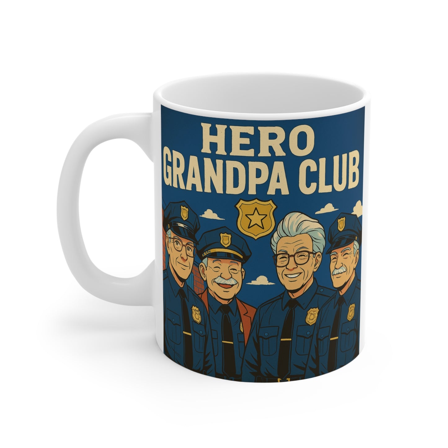 11oz ceramic coffee mug for retired police officers featuring Hero Grandpa Club design with senior law enforcement characters and vintage style artwork.