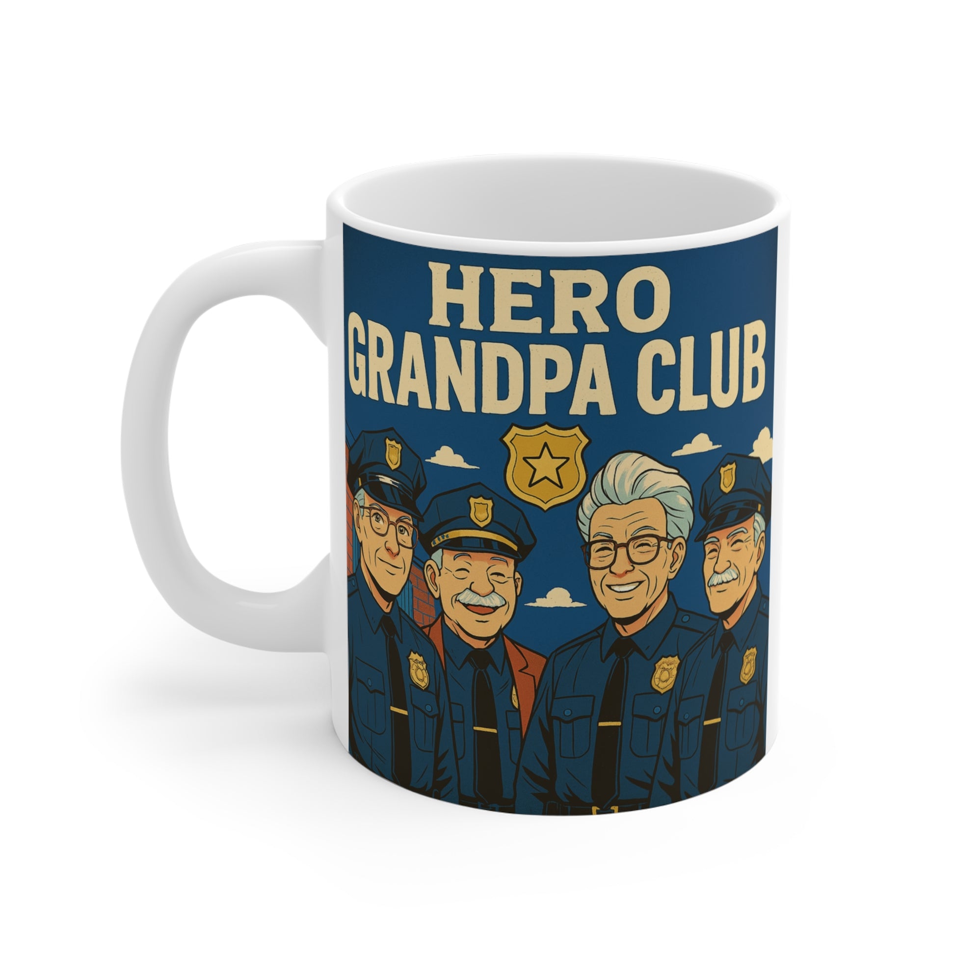 11oz ceramic coffee mug for retired police officers featuring Hero Grandpa Club design with senior law enforcement characters and vintage style artwork.
