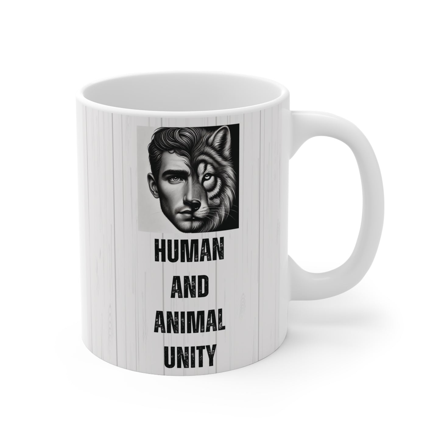 Split face man and tiger artwork mug with "Human and Animal Unity" slogan in black text.