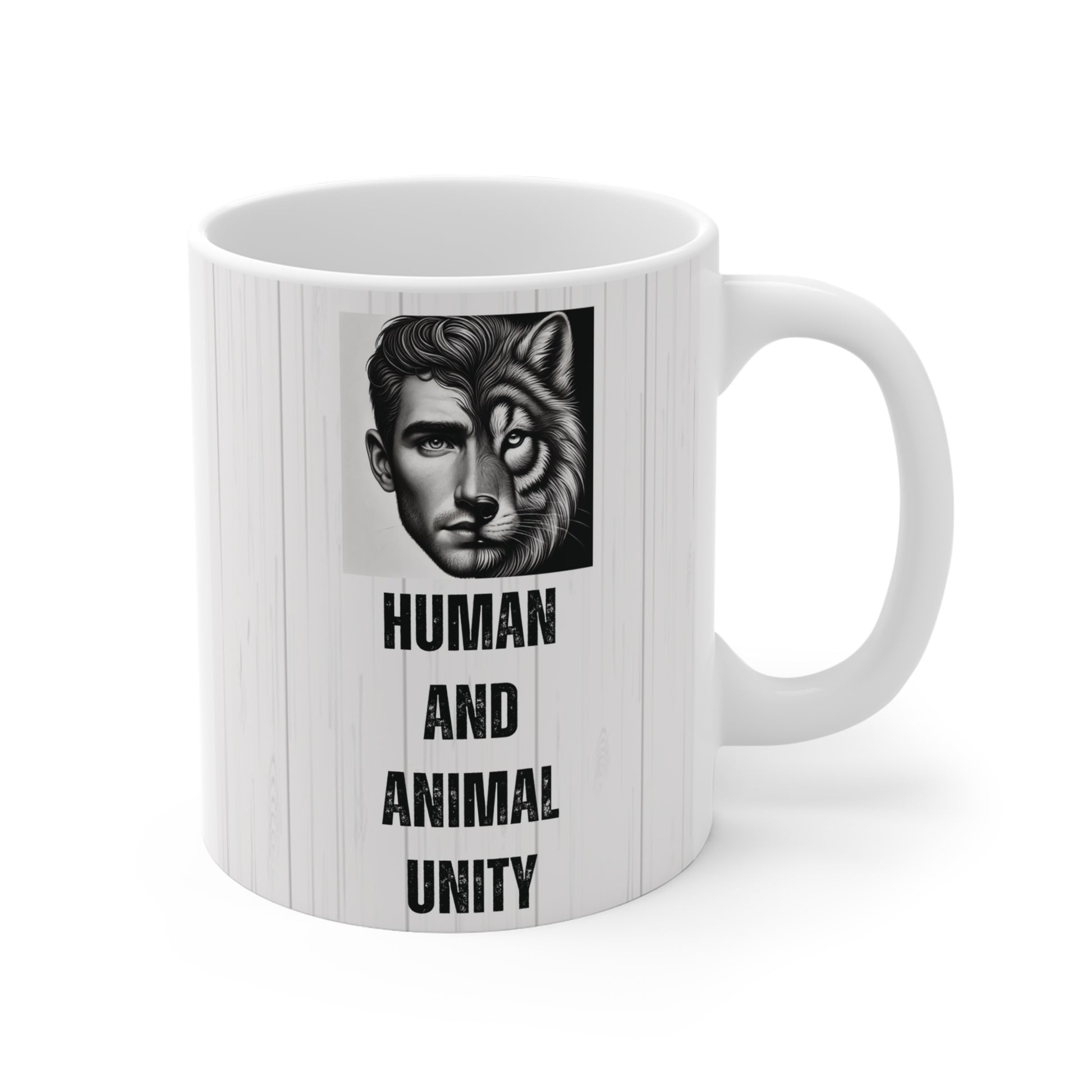 Split face man and tiger artwork mug with "Human and Animal Unity" slogan in black text.
