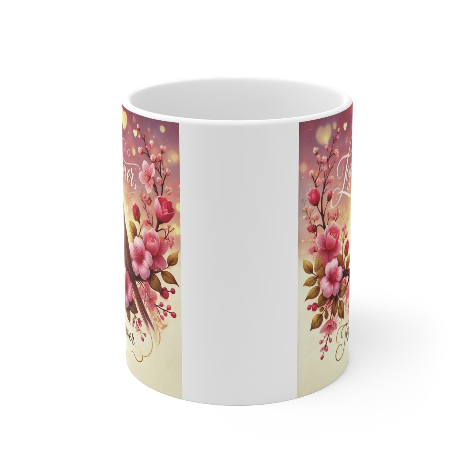 White ceramic coffee mug featuring a romantic "Together Forever" design with two lovebirds perched on a cherry blossom branch. The illustration includes pink flowers, glowing hearts, and elegant script, perfect for anniversary or Valentine's Day gifts.