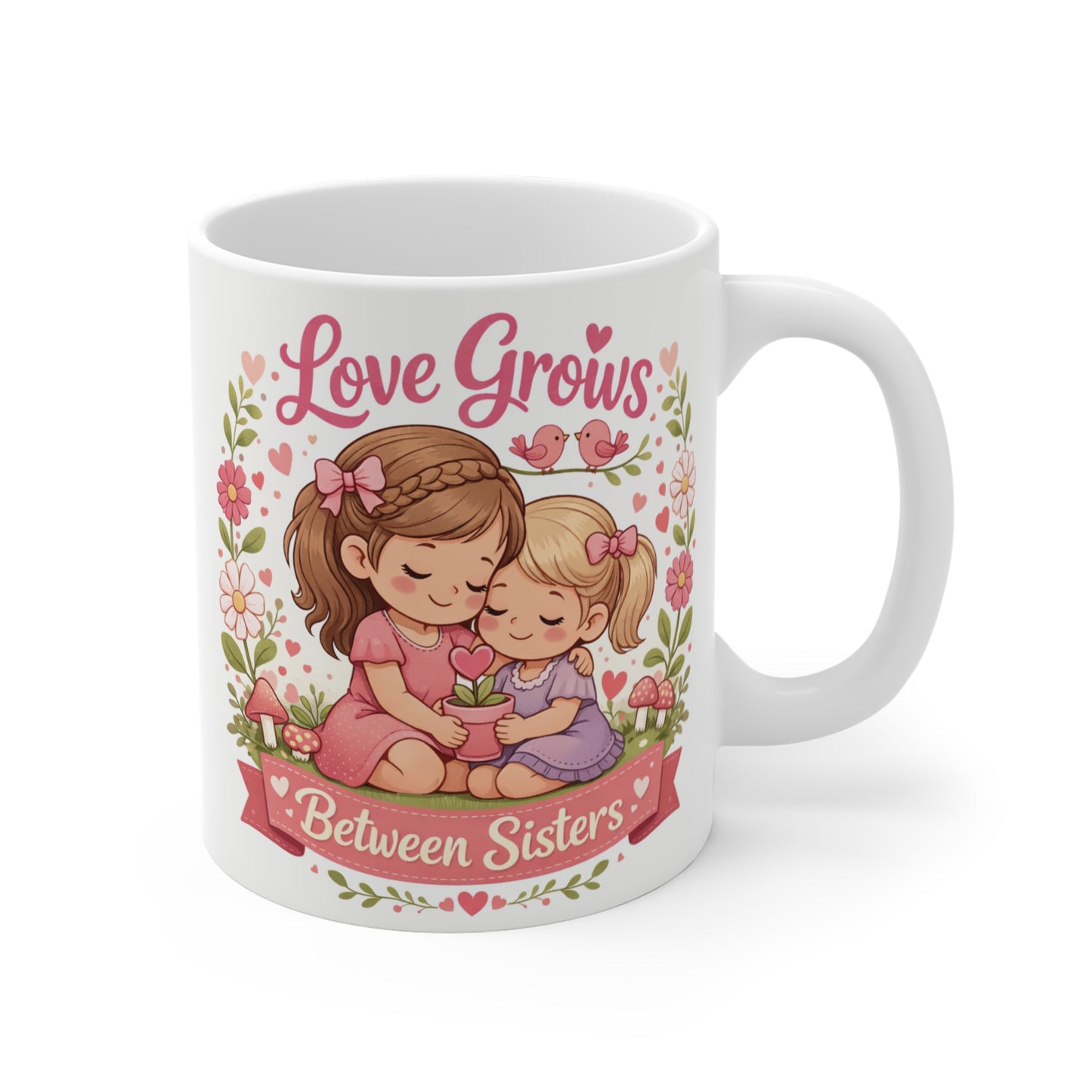 White 11oz ceramic mug featuring a cute illustration of two young sisters hugging and holding a potted pink heart, with the text "Love Grows Between Sisters" in pink cursive.
