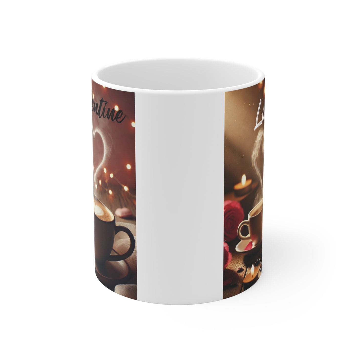 Valentine mug with cozy coffee scene and heart steam, cute love gift for her or him
