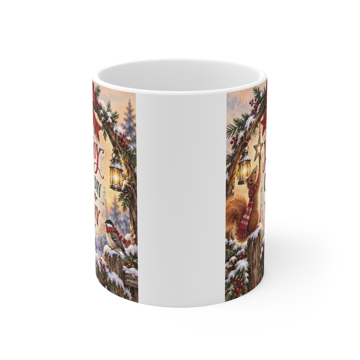 Festive 11oz Christmas coffee mug featuring Love & Joy on Christmas Day and Every Day with cozy winter woodland artwork.