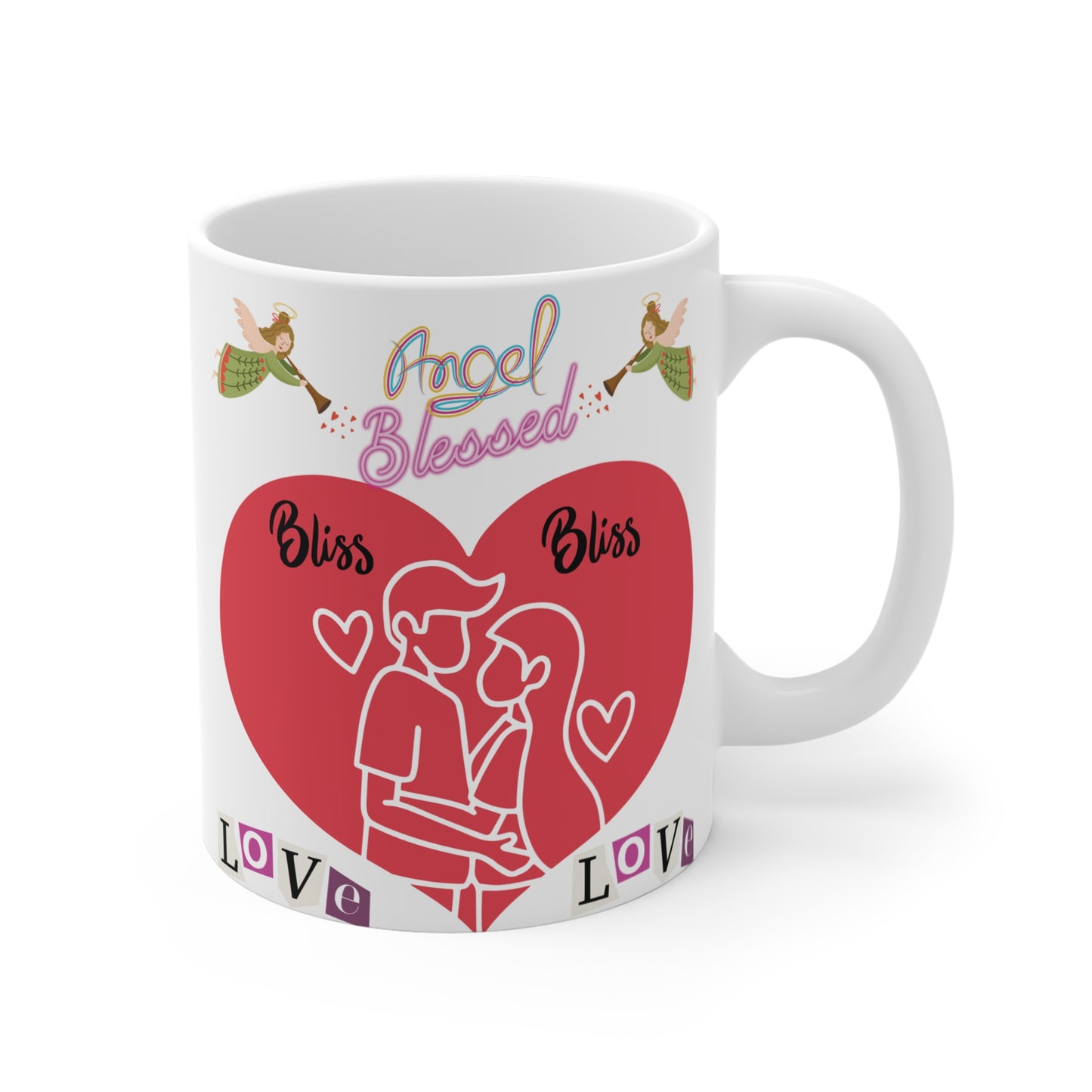 White ceramic mug featuring red heart with outlined couple embracing, text 'Angel Blessed Bliss Love,' and two small angels above