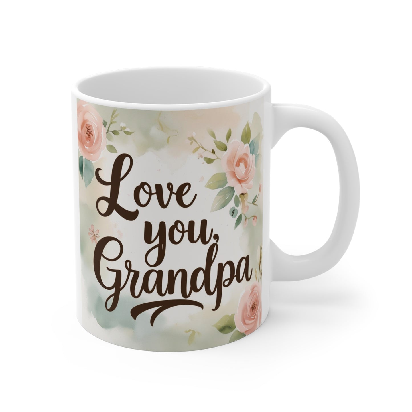 Love You Grandpa 11oz ceramic coffee mug featuring elegant floral artwork, perfect gift for grandfather on birthdays, Father's Day, and Christmas.