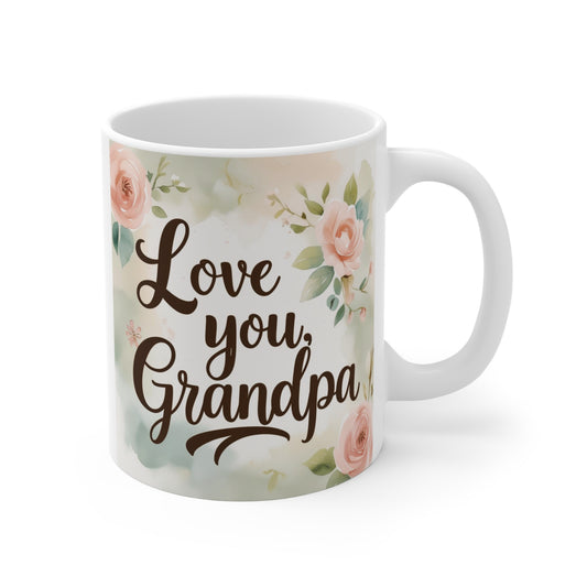 Love You Grandpa 11oz ceramic coffee mug featuring elegant floral artwork, perfect gift for grandfather on birthdays, Father's Day, and Christmas.