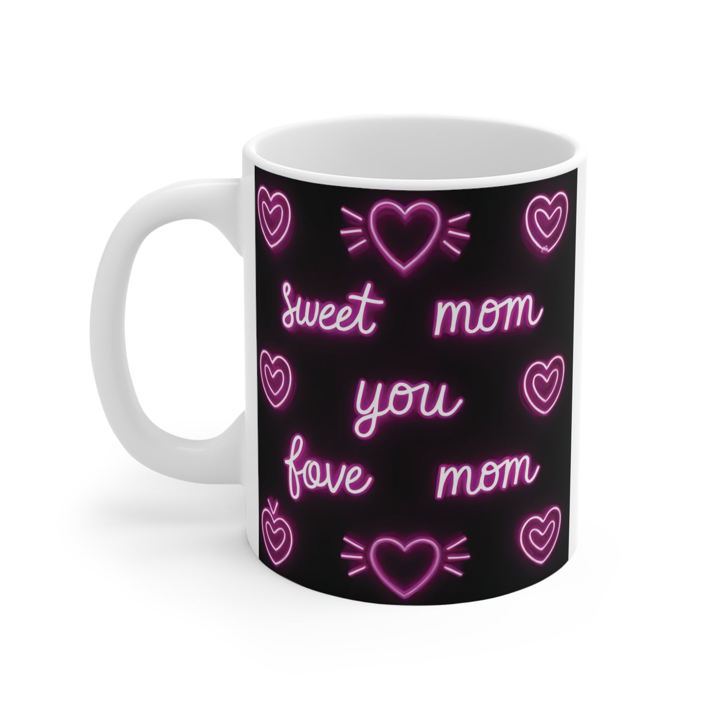 Stylish black and pink neon sweet mom mug with hearts, 11oz coffee cup for Mother’s Day or Christmas gift