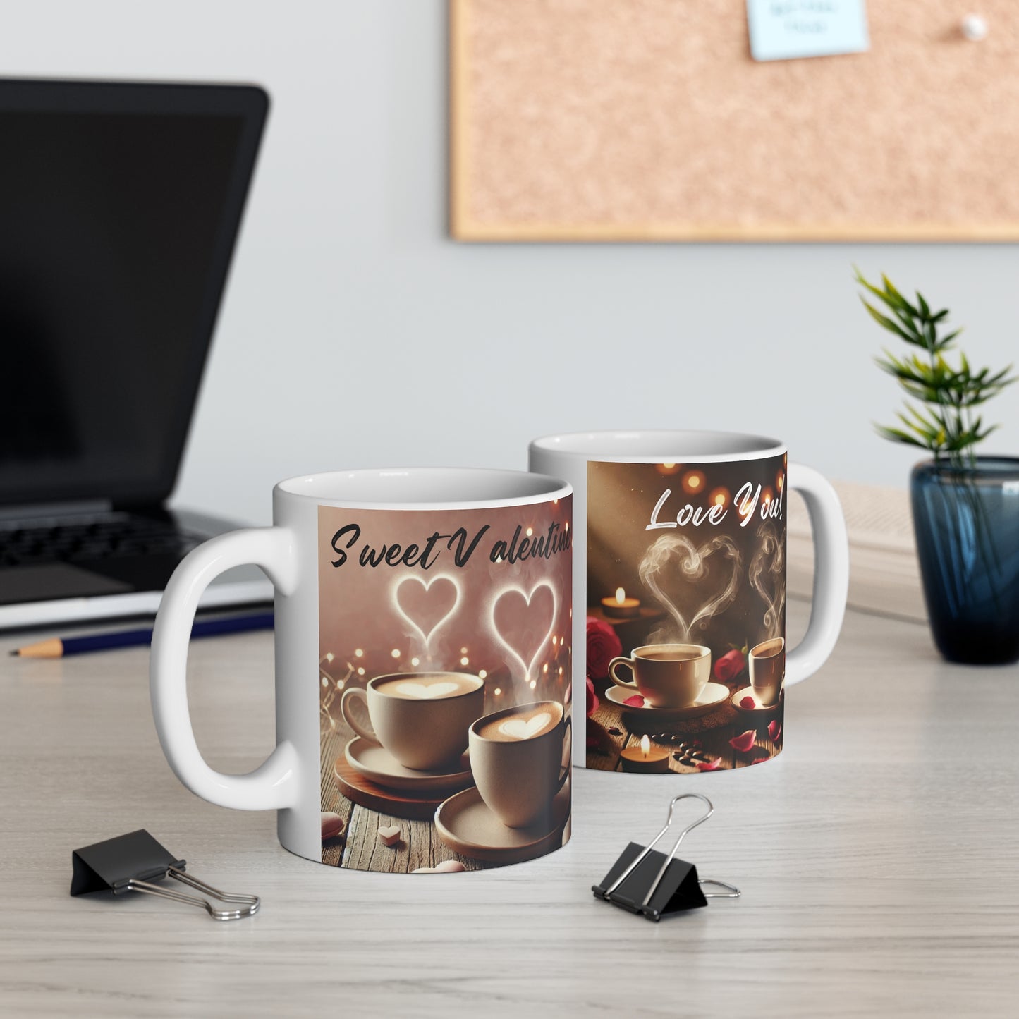 Love you coffee mug with candles, roses, and heart steam design, romantic gift for couples