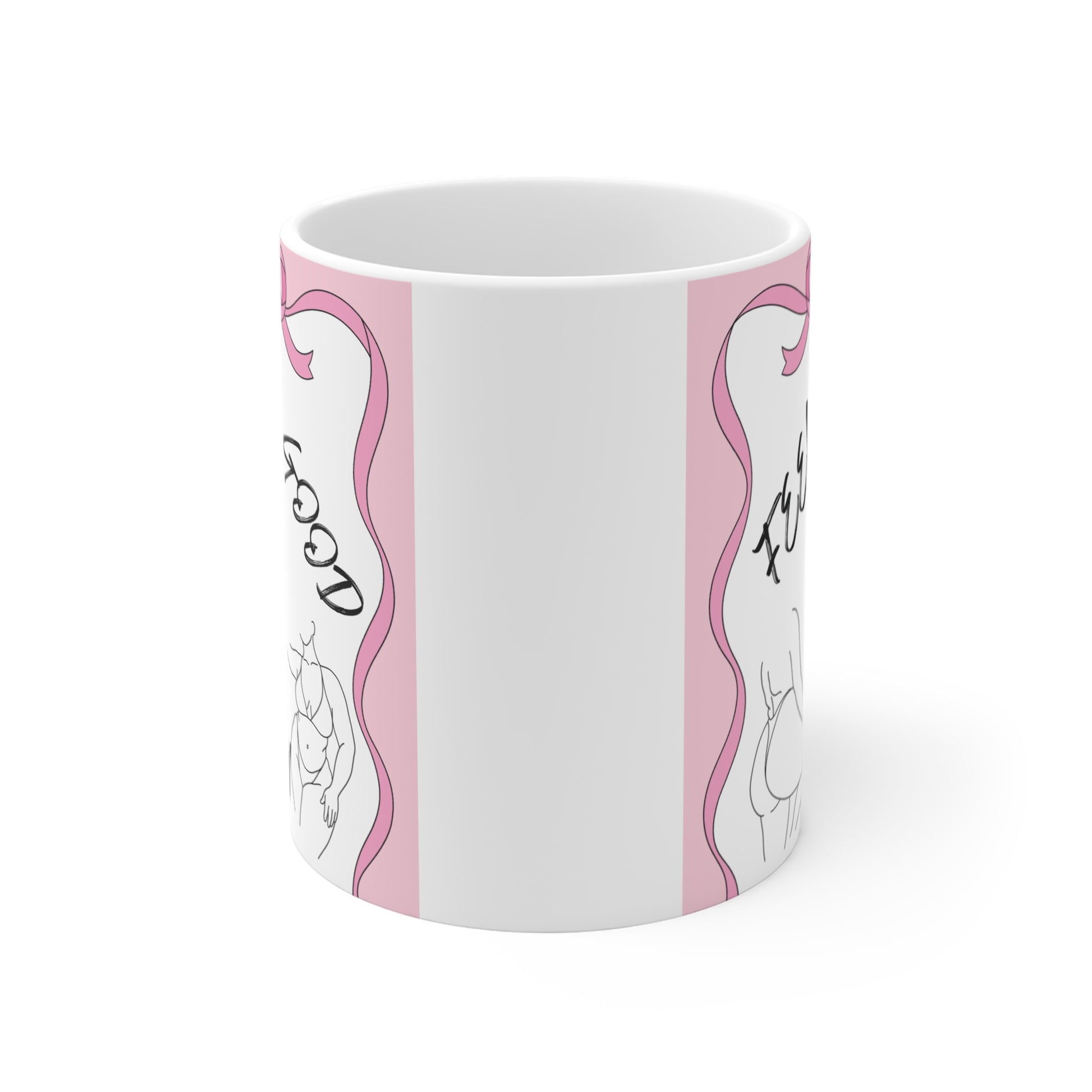 Body positivity mug featuring “Feel good in you” quote with feminine line drawings and pink ribbon frame, self care gift idea