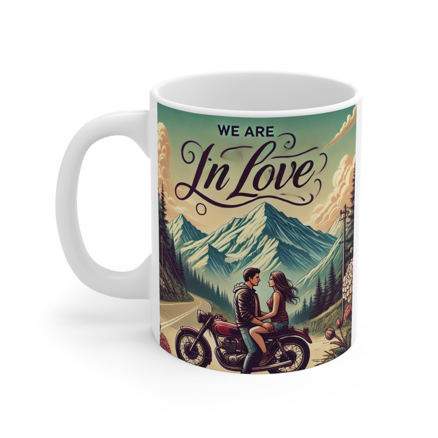 Romantic couple motorcycle mug with mountain landscape and “We Are In Love” text, vintage style love gift