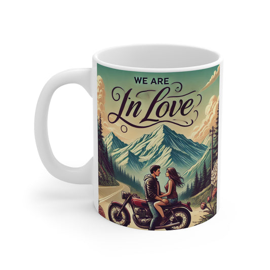 Romantic couple motorcycle mug with mountain landscape and “We Are In Love” text, vintage style love gift